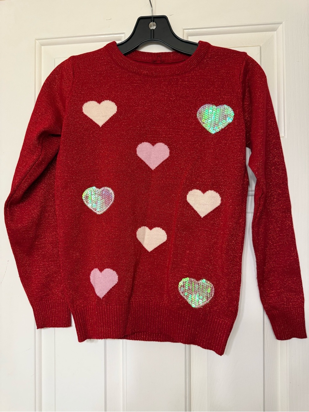 Girls Red Metallic Shimmer Knit Heart Sweater with Sequin Details